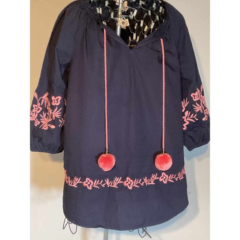 Crown & Ivy Navy Blue Pink Embroidered Pom Pom Peasant Top Blouse 726W775 M NEW